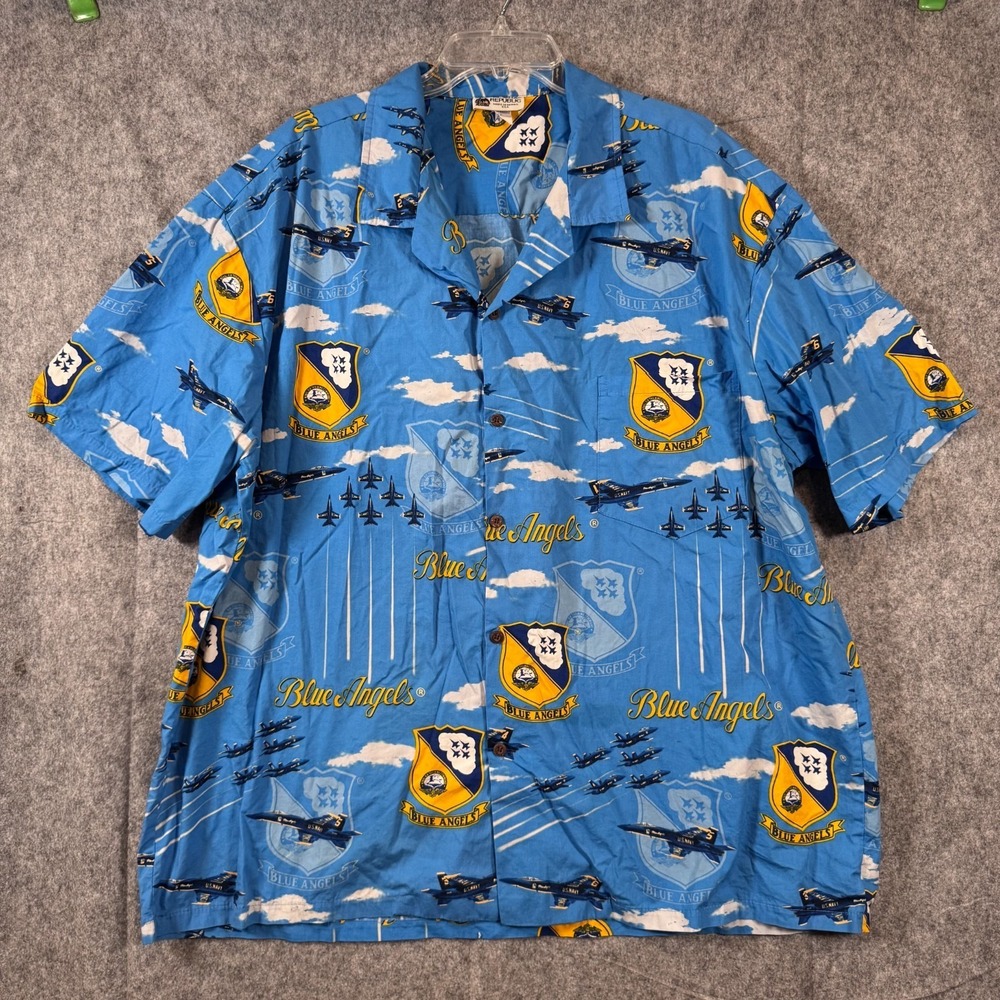 Aloha Republic Hawaiian Shirt Mens 3XL Navy Blue Angels Print USA Tropical